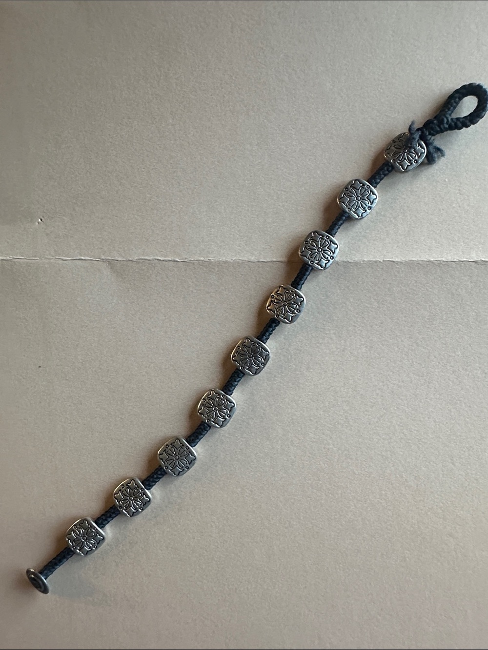 Hand Crafted Black Cord Bracelet with Silver Tone Beads